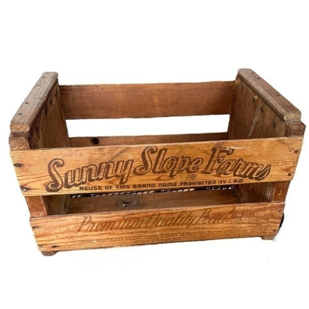 Vintage 60s Solid Wood Peach Crate Gaffney South Carolina Sunny Slope